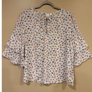 GAP Floral‎ Blouse Size Large White Multicolor Flutter Sleeve Boho Cottagecore